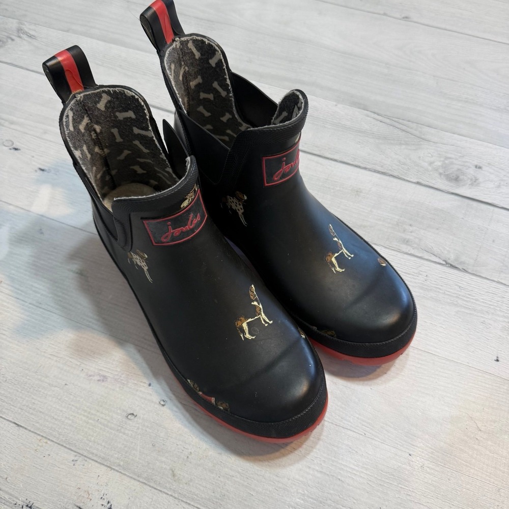 Joules Wellibob Short Rain Boots Black brown Dog Print Red Sole Women's US 6